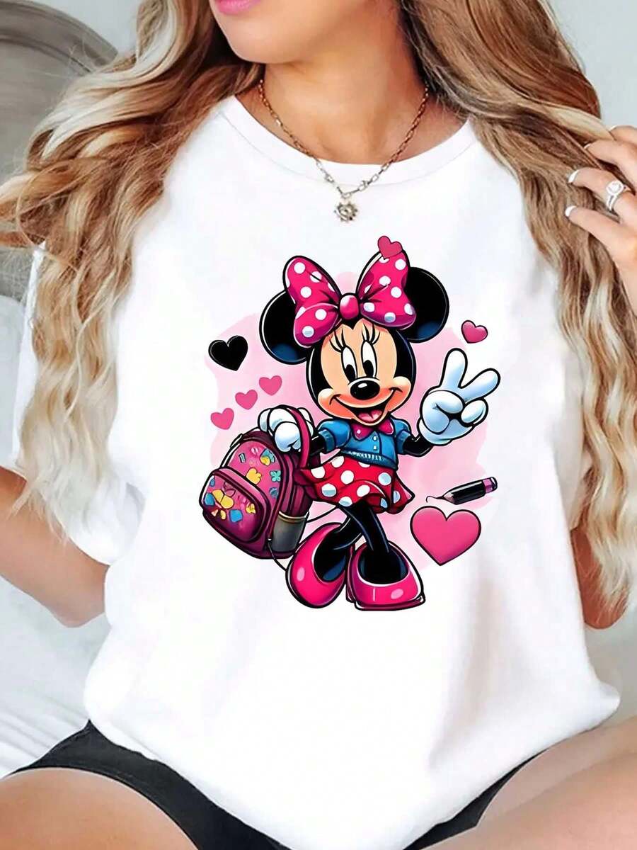 Minnie Mouse With Pink Backpack And Hearts Print Disney Women T Shirt Round Neck Short Sleeve Casual Daily Wear Valentine's Day Soft Comfortable 220g - trắng - Xem 1
