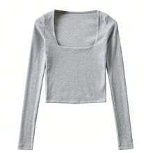 Top corto acanalado con cuello cuadrado y manga larga para mujer - Gris - Ver 1