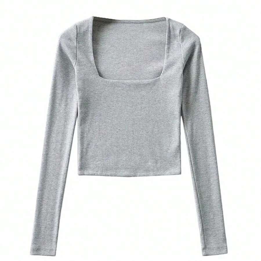 Top corto acanalado con cuello cuadrado y manga larga para mujer - Gris - Ver 1