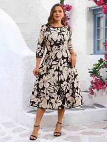 Vestido midi de vacaciones con cintura ceñida, manga 3/4 y estampado floral elegante para mujer de talla, sin cinturón incluido - Multicolor - Ver 9