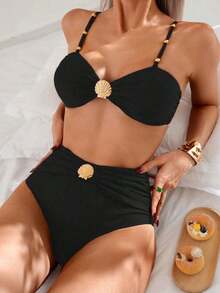Swim Chiccia Conjunto de bikini marrón de cintura alta con control de abdomen, correa con cuentas y hebilla de metal elegante para vacaciones de mujer, primavera/verano 2025 - Negro - Ver 11