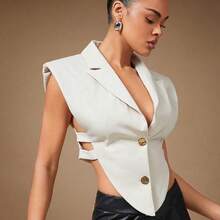 Blusa de mujer de verano, unicolor con cuello polo, bajo asimétrico, perforada con recorte lateral y botones dorados, blusa sexy para oficina, citas, conciertos, actuaciones, fiestas, clubes - Celeste - Ver 5