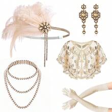 Bộ 5 món: Băng đô lông vũ phong cách retro thập niên 1920, khăn choàng đính sequin, vòng cổ ngọc trai giả, bông tai, găng tay đen - Phụ kiện trang phục cho dạ hội hóa trang, tiệc tùng, váy dạ hội trang trọng, đi biển, kỳ nghỉ, phụ kiện, đồ dùng cần thiết khi đi du lịch. - Nhiều màu - Xem 31