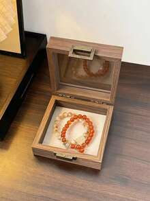1pc Vintage Wooden Jewelry Box With Lid, Transparent Dust-Proof Storage Box For Earrings, Rings, Bracelets, Portable Small Accessory Organizer - Multicolor - View 16