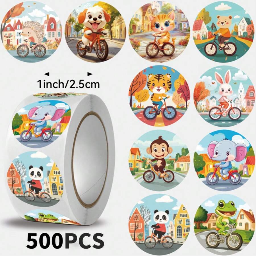 500張/捲,可愛騎單車動物貼紙,卡通綠葉動物圖案貼紙,完美小禮物。DIY貼紙。快樂父親節,返校季節。10種不同圖案。PVC材質,適用於禮物包裝標籤、水瓶裝飾。剪貼簿裝飾、禮物包裝裝飾、教室獎勵用品、學習文具裝飾、剪貼簿貼紙等。最愛產品裝飾貼紙、文具封口標籤 - 彩色 - 查看 1