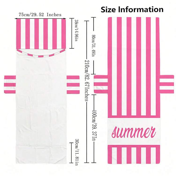 1pc Deep Pink & White Striped Ultra-Soft Microfiber Striped Beach Chair Cover - Absorbent, Lightweight Towel With Pocket, Suitable For Pool, Beach, Camping And Picnic, Beach Towel - Dark Pink and White Stripes - View 3