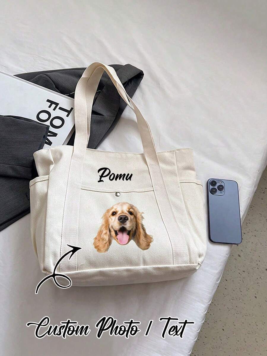 Personalized Pet Photo & Name Canvas Tote Bag, Personalized Multi-Pocket Canvas Tote Bag, Large Capacity, Reusable, Canvas Tote Bag - Multicolor - View 1