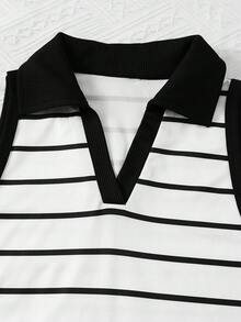 Blusa sin mangas de estilo casual con cuello de solapa y contraste de color a rayas, adecuada para salidas diarias en primavera/verano - Blanco y Negro - Ver 5