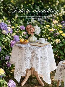 1pc Floral Lace Embroidered Organza Tablecloth, French Wavy Edge Design, Romantic Pastoral Vintage Table Cover, Suitable For Wedding, Restaurant And Home Decor - White - View 9