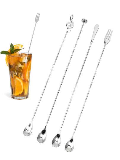 1 chiếc thìa khuấy cocktail cán dài 40cm bằng thép không gỉ 304, thìa khuấy có cán xoắn ốc, dụng cụ pha chế tích hợp đầu dầm/nĩa/cạo phẳng/đầu hình nốt nhạc, que khuấy cocktail, dụng cụ pha chế cocktail nhiều lớp tự làm tại nhà, dụng cụ ép bùn và cạo.