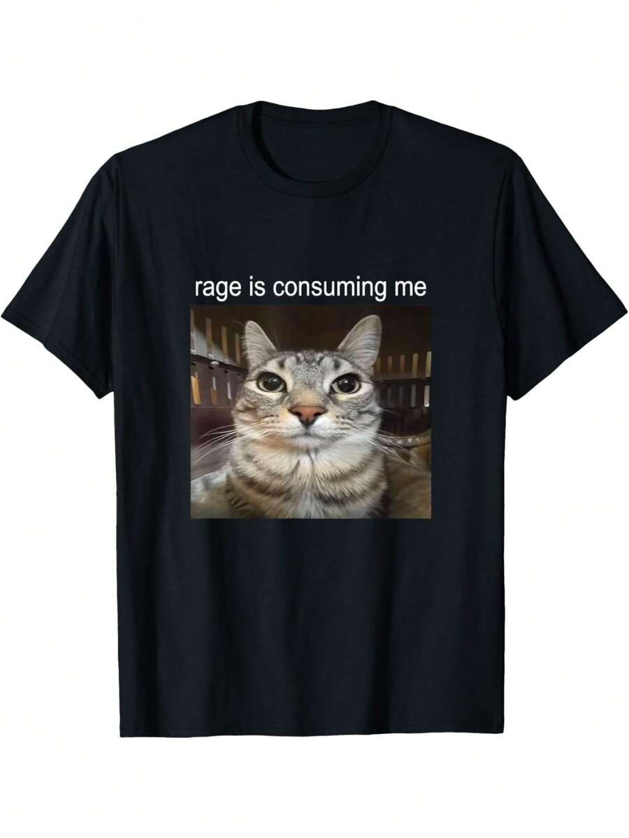 Camiseta con diseño de gato enojado y cara sonriente - Negro - Ver 1