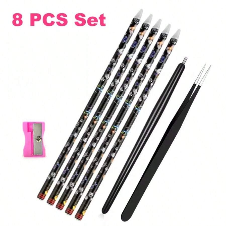 8 件套美甲打磨笔套装,美甲细节勾线工具,美甲镊子(用于拾取水钻),初学者美甲工具套装(含卷笔刀) - 彩色 - 查看 1