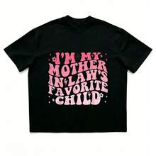 I'm My Mother In Laws Favorite Child Funny Parent Men Women Funny Crew Neck Tee With Stylish Print Casual & Comfortable Travel Clothing For Fashion Enthusiasts Ideal For Summer, Spring, Fall, And Daily Wear - Black - View 2