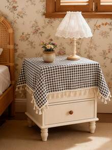 Tokoto Black Gingham Tablecloth With Tassel Fringe, Farmhouse Cotton Linen Table Cover For Dining Table, Nightstand & Coffee Table Decor, Rustic Boho Plaid Style - Black and White - View 3