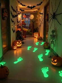 18pcs Glow-In-The-Dark Footprint Floor Stickers, Removable Glowing Footprint Wall Decals, Halloween Decorations, Halloween Party Supplies, Waterproof Stickers, Suitable For Walls, Stairs, Ceilings, Removable Glow-In-The-Dark Footprint Stickers For Guiding Flow And Path Marking - Multicolor - View 1