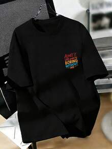 Tween Boy-Slogan Print T-Shirt, Suitable For Boys Outdoor Sports, Boys Spring/Summer Casual Versatile Top - Black - View 5