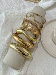 7 piezas Brazaletes abiertos asimétricos con ondas y patrón geométrico vintage, accesorios simples y de moda para mujeres, adecuados para uso casual, fiesta, boda y vacaciones de verano - Estilo 1 - Ver 8