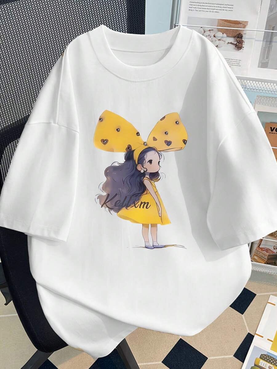 Primavera Grafica.1pac.100%Cotton.Pure Short Sleeve T-Shirt For Women Loose And Slimming Cartoon Print Design Cute Print 3333#.Versatile.Classic - White - View 1