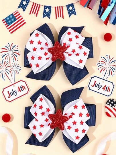2pcs/Set American Independence Day Themed Bow Hair Clips, Navy Blue & White Satin Ribbon With Red Star Print, Glitter Red Star Decor, Patriotic Alligator Clips, Suitable For Girls, Party & Daily Wear