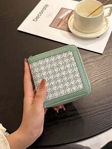 Cartera de mujer con estampado de pata de gallo en relieve, con múltiples ranuras para tarjetas y compartimento para efectivo - Verde - Ver 3