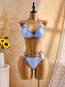 Bellisia Women's 3 PiecesCute V-Neck Halter Tie Ruffle Trim Bikini Top, Triangle Bottoms & Skirt Swimwear Set, Summer - 藍白色 - 查看 5