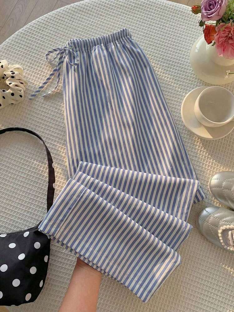 Pantalones de pierna ancha con cintura anudada y estampado de lunares para mujer - Blanco 2 - Añade 1