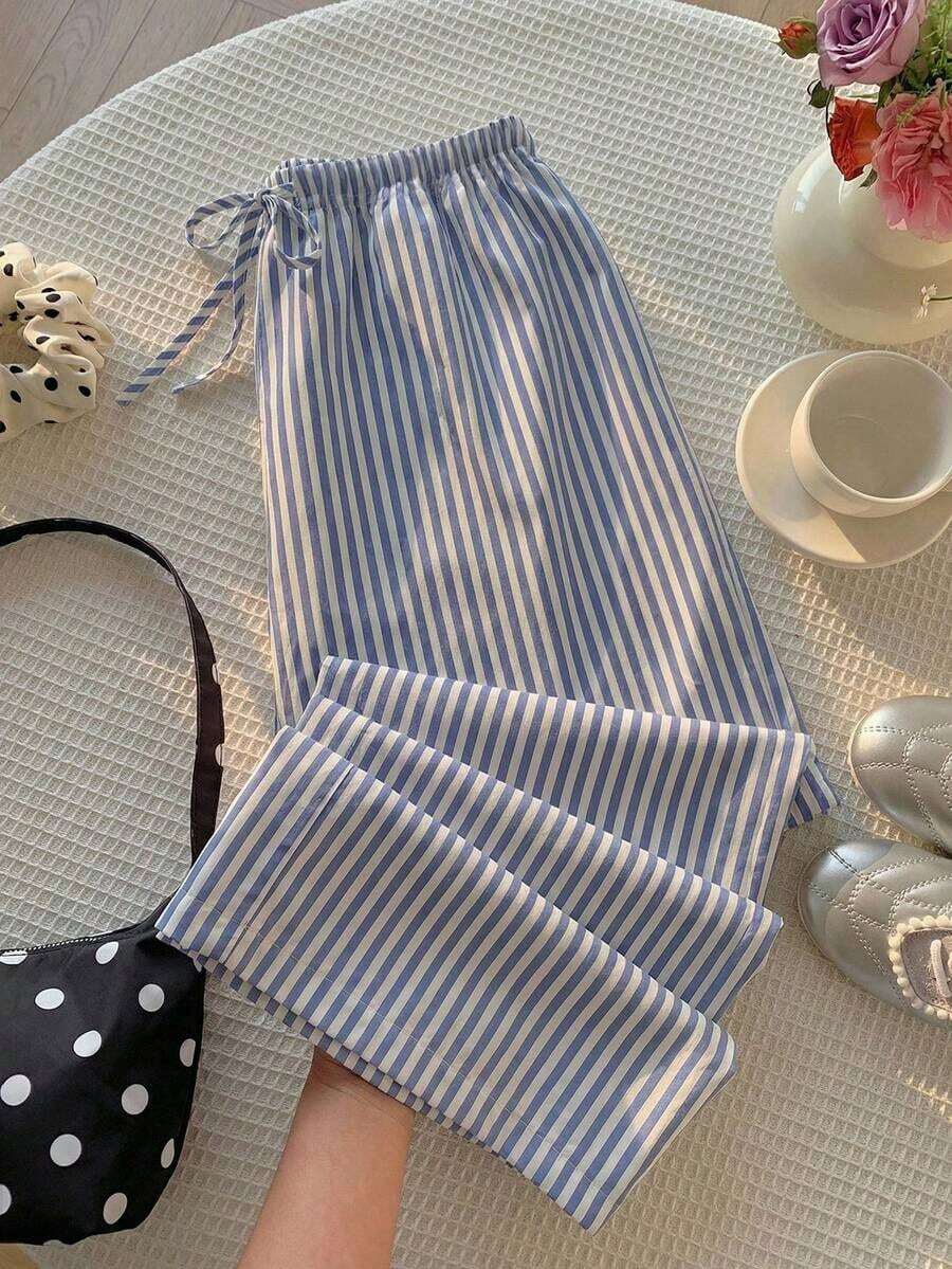 Pantalones anchos de uso diario con cintura con cordón y lunares para mujer - Blanco 2 - Ver 1
