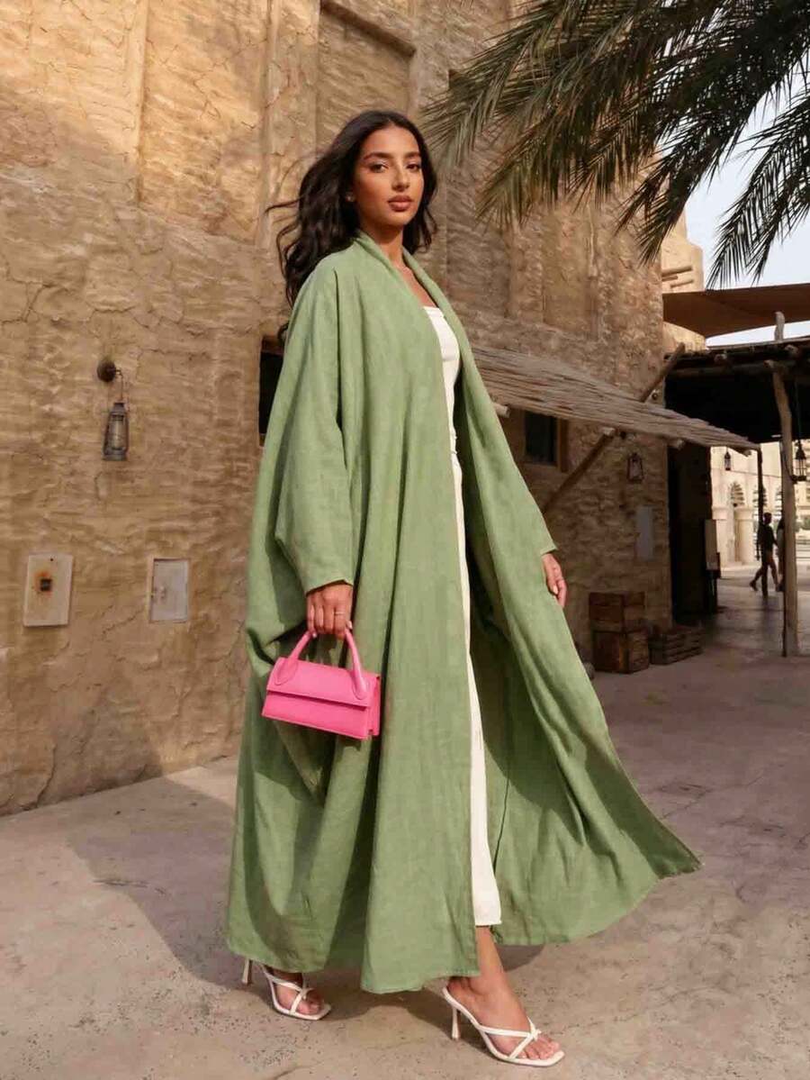 1pc Women's Green Solid Color Batwing Sleeve Robe, Minimalist Elegant Design, Suitable For Daily Wear, Festivals And Versatile Occasions - Olive Green - View 1