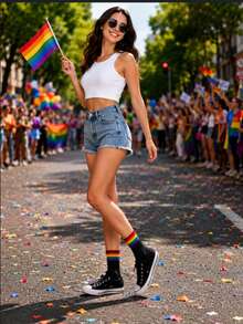 Pride Rainbow Mid-Calf Socks Kit, Colorful Rainbow Design, LGBTQIAPN+ - 黑色 - 查看 2