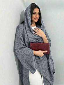 Conjunto de bata de dos piezas de moda simple talla única color negro mate con estampado de leopardo y unicolor para mujer, incluye un pañuelo, adecuado para uso diario y de vacaciones. - Gris - Ver 2