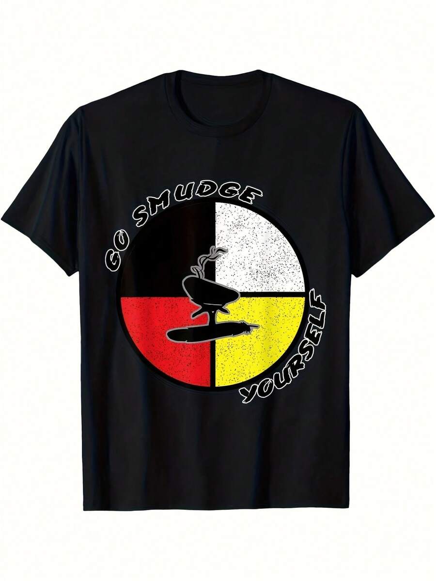 Camiseta gr£fica para hombre "Go Smudge Yourself" | Negra con dise￱o colorido de rueda de medicina, cuello redondo casual, manga corta, ligera, ropa de verano, camiseta estampada para uso diario | Camiseta estampada con gr£ficos llamativos | Ajuste c￳modo
