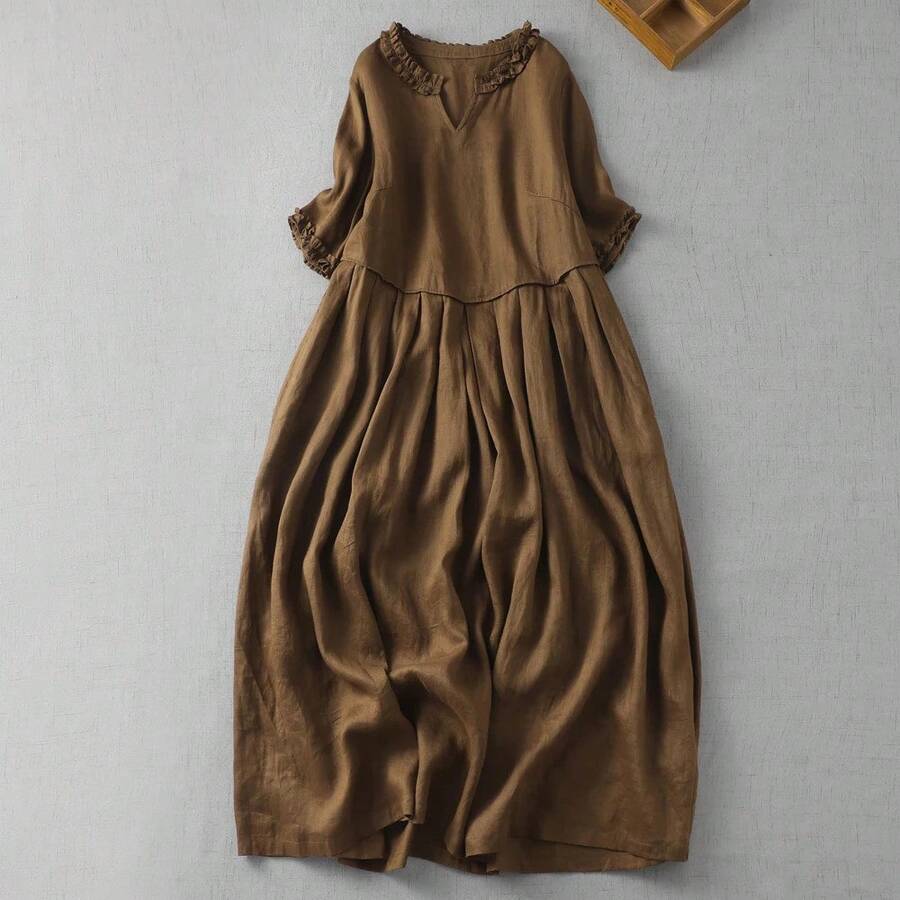 Vestido de Lino y Algodón Estilo Japonés para Mujer, Verano, Vintage, Cuello en V, Antiedad, con Volantes, Elegante, Largo, E... - Color café - Ver 1