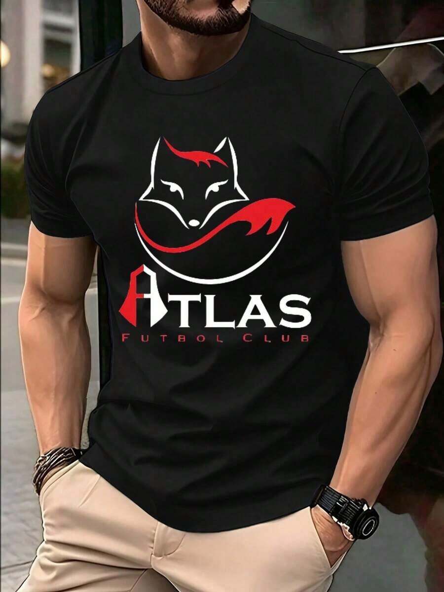 Men's Casual Crew Neck Graphic T-Shirt, Unisex Graphic Tee For Men And Women With Atlas Design - Gift Idea For Him And Her, 100% Cotton - 黑色 - 查看 1