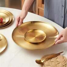 1pc Stainless Steel Gold Dessert Coffee Tray, Western Style Plate, Pizza Plate, Breakfast Coffee Tea Snack Plate, Gold Decorative Serving Tray, Birthday, Party Supplies, Thanksgiving, Easter, Christmas Gift Party (Gold), Kitchen, Christmas Gift - Gold - View 5