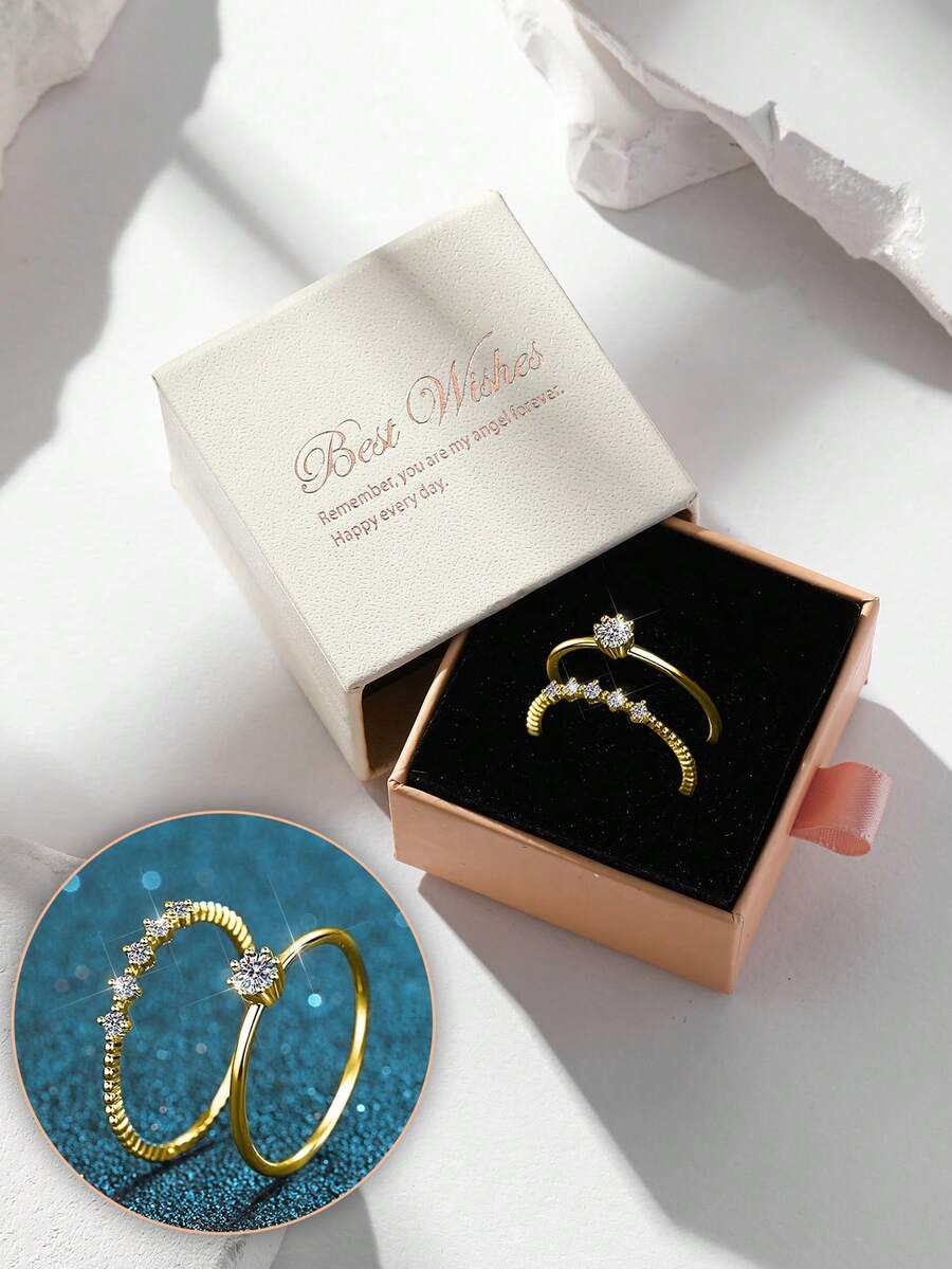 Juego de caja de regalo, juego de anillos dorados con circonita cúbica, anillo de banda retorcida + anillo de circonita de diamante individual, joyería minimalista para que las mujeres apilen - Dorado - Ver 1