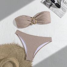 wohenmeili 女款格紋抹胸比基尼套裝，波希米亞風後綁帶設計，清新度假夏日風格 - 棕白格 - 查看 5