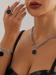 1 chiếc nhẫn đá quý tự nhiên 15mm, đá Lapis Lazuli, Agate, Malachite, thiết kế đơn giản, dễ thương, trang sức dự tiệc tinh tế dành cho nữ. - màu đen - Xem 2