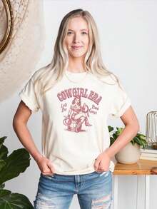 Retro Cowgirl Graphic Tee | Western Rodeo Pinup Shirt, Comfortable Non-Stretch, Casual Stylish Crew Neck, Short Sleeve, All-Season, Regular Fit, - White - View 1