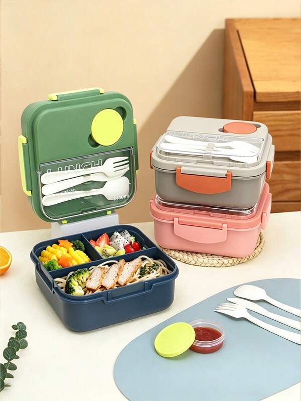 Square Bento Box Set, Large Capacity Portable Lunch Box, Food Container With Cutlery And Sauce Compartment, Microwave , Suitable For Students And Office Workers