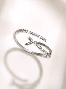 Nooxian 1pc Exquisite Luxury Sparkling Faux Platinum Copper Ring With Zirconia Stone, Adjustable - Silver - View 3