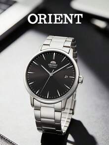 Orient Jam Tangan Pria Mekanik Otomatis RA-AC0E01B10B, Casing Stainless Steel Perak, Dial Hitam, Tampilan Tanggal Minimalis, Tahan Air untuk Pemakaian Kasual Sehari-hari di Kantor, - Strip baja cakram hitam - View 1