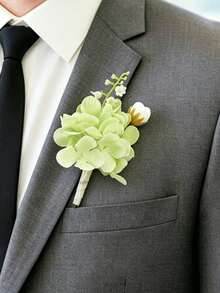 1件/6件裝 綠色繡球花男士婚禮胸花，新郎與伴郎花束胸花，仿真真觸感絲綢男士翻領胸針，適用於婚禮派對、舞會、週年紀念、復古鄉村婚禮 - 綠色 - 查看 1