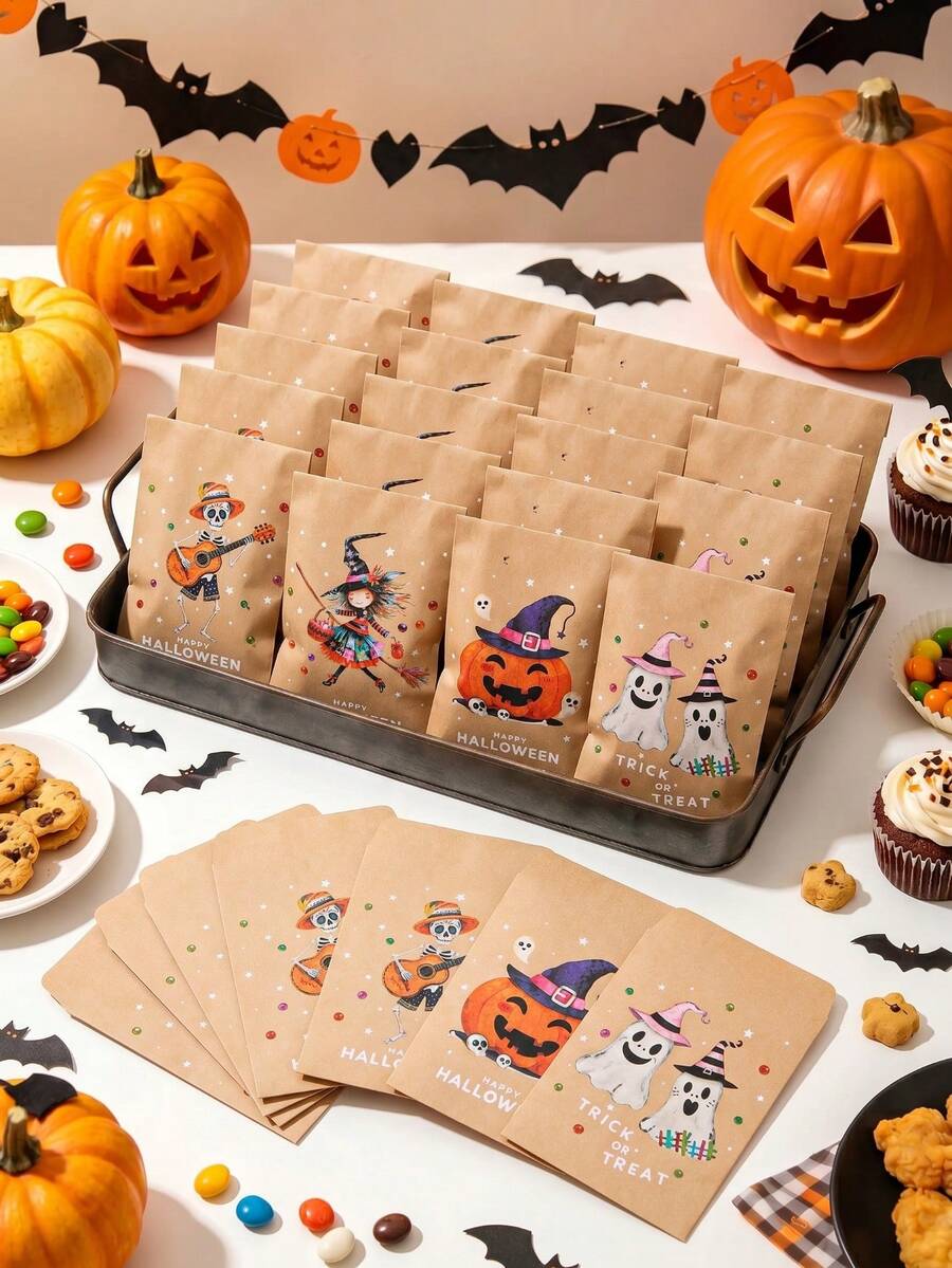1 Set Halloween Paper Gift Envelopes, 4 Cute Designs Including Pumpkin, Witch, And Skeleton Bone Prints, Kraft Paper Bags, Candy Bags, Snack Bags, Party Favor Bags, Halloween Party Decorations, Holiday Atmosphere Props