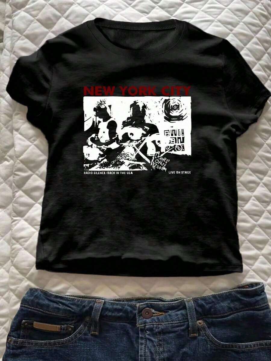 Women's Y2K Style Crew Neck Cropped T-Shirt, Fitted, With New York Gang Graphic, Casual Summer White Crop Top - 紅色 - 查看 1