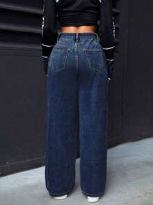 PETITE Jeans rectos de cintura alta lavados de estilo casual para mujer - Azul lavado oscuro - Ver 2