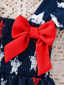 2pcs/Set Girls' Cute Sweet Bowknot Decor Star Print Camisole Top & Ruffle Hem Shorts Set - Dark Wash - View 5
