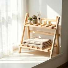 2-Tier Trapezoid Desktop Shelf Handmade Wooden Folding Minimalist Desk Organizer Rack, Trapezoid Desktop Display Shelf, Double-Layer Fixed Storage Rack With Crossbar, Suitable For Bedroom Nightstand, Vanity, Study Room, Dorm, Cafe And More - White - View 5