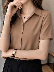 Solid Color Short Sleeve Satin Blouse, Chic Hong Kong Style - Brown - View 5