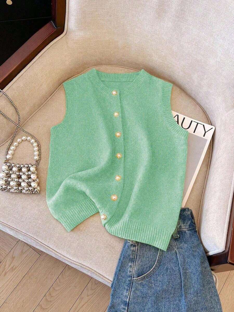 Chaleco elegante de estilo francés para mujer, sencillo y con estilo, versátil para usar en capas, adecuado para ir al trabajo y para uso casual, moderno y estilizador. - Verde - Ver 1