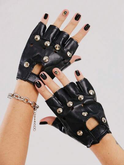 1 par Punk de luvas de couro PU sem dedos com rebite oco, Moda de luvas curtas Hip Hop Rock Biker